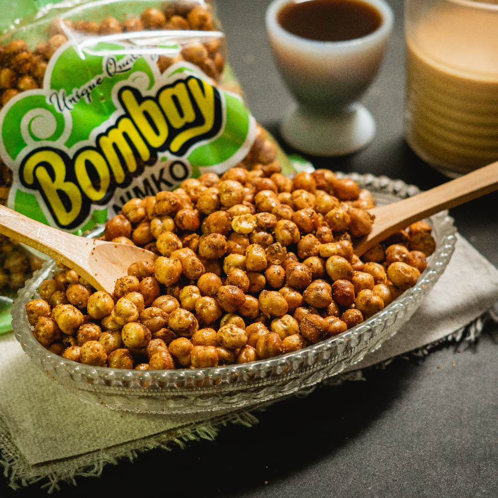 Spicy Chanay in glass bowl with tea and a bag of spicy chanay 