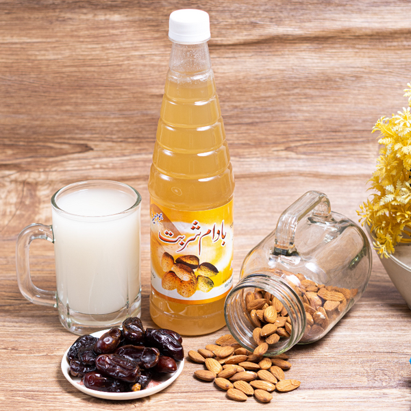 Badam Sharbat Bottle and ready to drink sharbat glass with almonds and dates in lahore